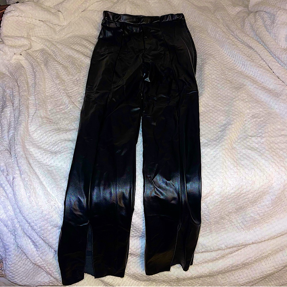 PrettyLittleThing Straight / wide leg faux leather pant, split hem, never worn